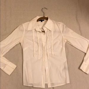 BCBG white button down with white ruffled detail